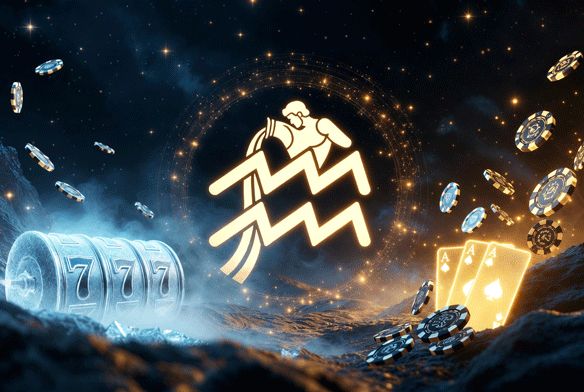 Golden Aquarius water-bearer symbol with constellation circle, icy blue frozen 777 slot machine and mist on the left, cascading golden chips and ace of spades cards on the right against a starry night sky.