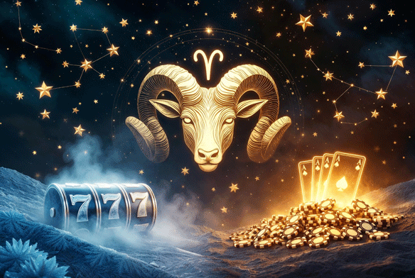 Golden Aries ram head with glowing constellation against a starry sky, icy frozen 777 slot machine and blue mist on the left, golden ace cards and cascading casino chips on the right.