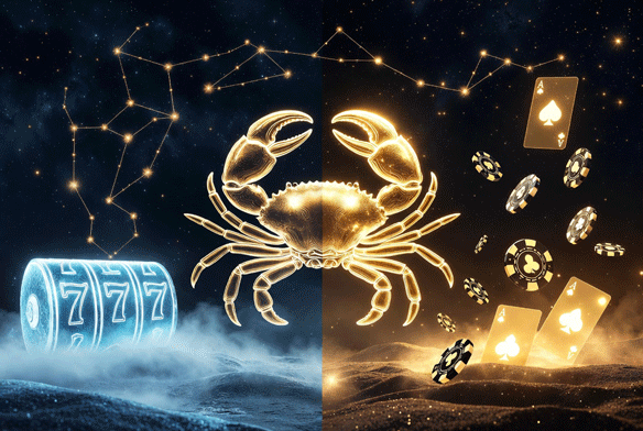 Glowing golden Cancer crab symbol centered under constellations, split composition with icy blue frozen slot reels and mist on the left, warm golden floating chips and ace of spades cards on the right.