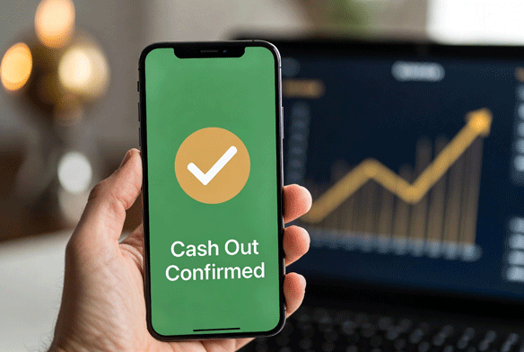 Close-up of a hand holding a smartphone with a glowing “Cash Out Confirmed” message, symbolizing the moment of successfully locking in winnings.