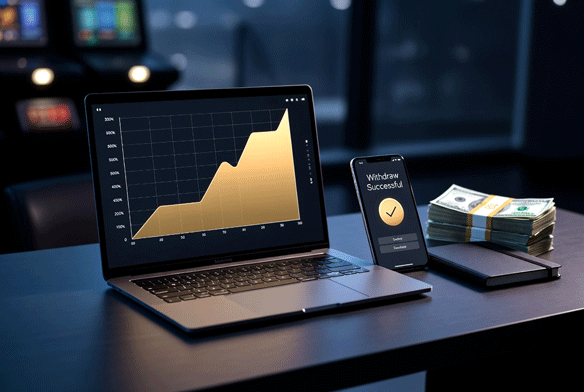 Modern desk scene with laptop showing a peaked golden profit graph and a phone displaying a successful withdrawal confirmation, representing a disciplined cash-out after a hot streak.