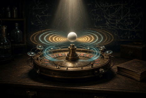 A white roulette ball hovering above a brass scientific roulette wheel in a dark physics lab, surrounded by glowing gold and cyan probability waves.