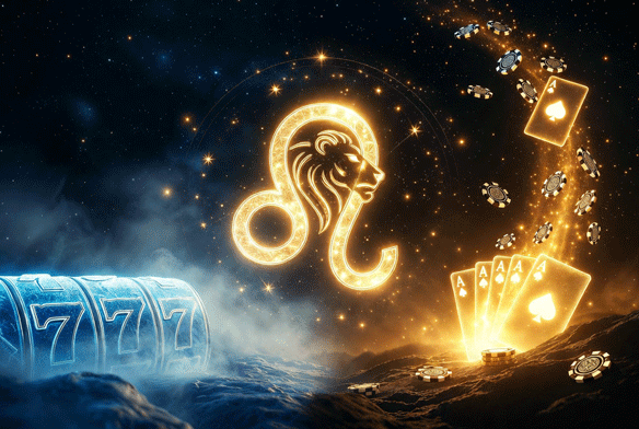 Radiant golden Leo lion zodiac symbol with constellation, cold icy 777 slot machine and blue fog on the left, golden ace cards and sparkling casino chips rising on the right against a dark starry background.