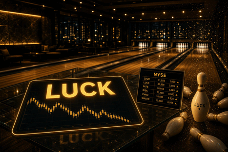 Lucky Strike Entertainment stock ticker LUCK on a bowling-lane trading desk.