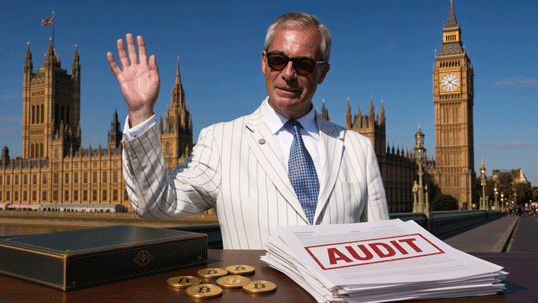 Nigel Farage in a cream pinstripe suit and sunglasses waves beside the Houses of Parliament and Big Ben. On a desk in front of him sit gold Bitcoin coins, a green dispatch box and a stack of papers stamped AUDIT.
