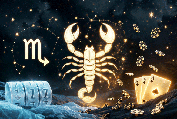Elegant golden Scorpio scorpion and glyph under star constellations, frozen icy slot reels with blue mist on the left, glowing ace cards and falling casino chips on the right in warm golden light.