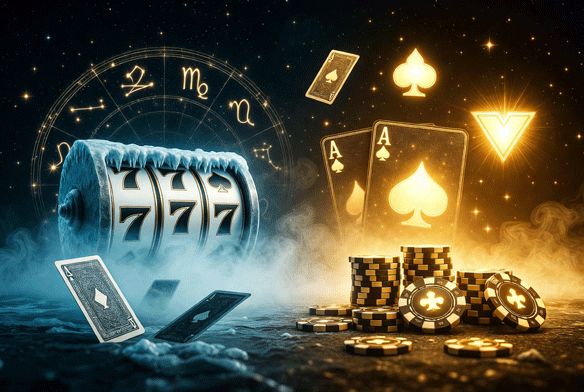 Cinematic illustration of a frozen slot machine showing 777 on the left in icy blue mist with glowing zodiac symbols, transitioning to golden ace of spades cards, stacked casino chips and sparkling light on the right against a dark starry background, symbolizing cold streaks turning into big wins.