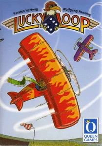Cover of the Queen Games board game Lucky Loop by Karsten Hartwig and Wolfgang Panning, showing two biplanes in a looping air show, a flaming orange plane in front and a purple plane behind, with the title Lucky Loop and a blue die in the logo.